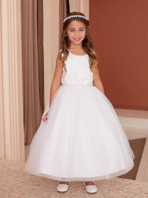 Girls Elegant Pearl-Embellished Satin & Mesh Flower Girl Dress 2-16