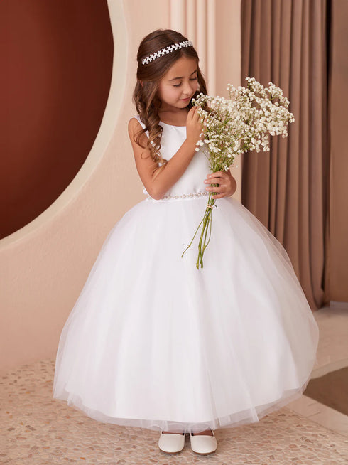Girls Elegant Pearl-Embellished Satin & Mesh Flower Girl Dress 2-16