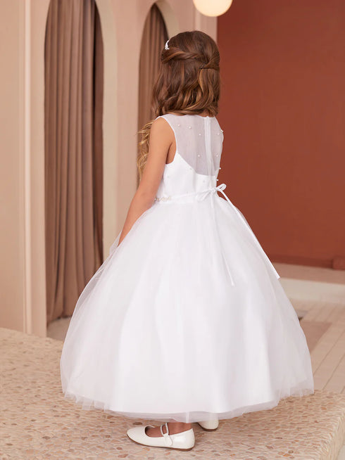 Girls Elegant Pearl-Embellished Satin & Mesh Flower Girl Dress 2-16