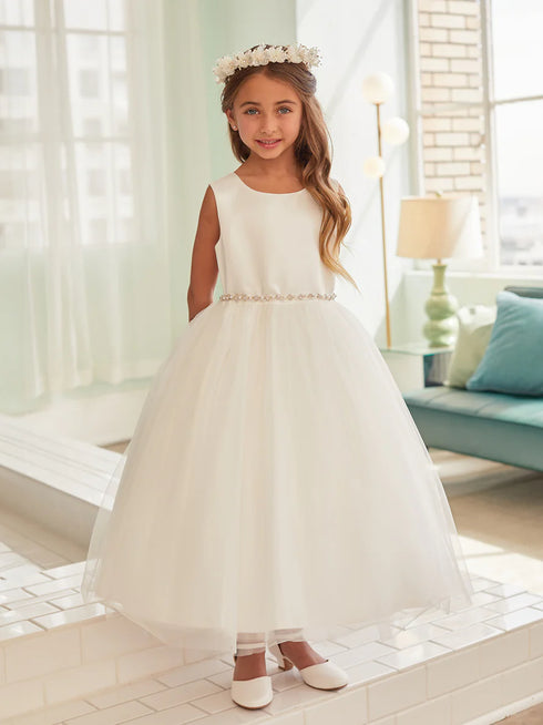 Girls Elegant Pearl-Embellished Satin & Mesh Flower Girl Dress 2-16