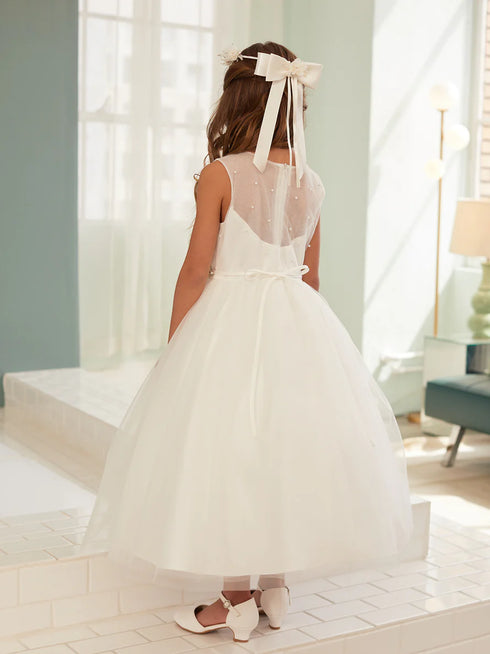 Girls Elegant Pearl-Embellished Satin & Mesh Flower Girl Dress 2-16