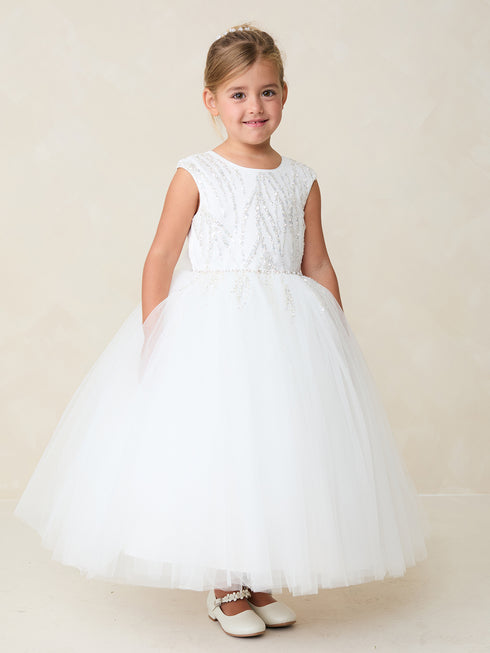 Girls Sparkle Blossom White Flower Girl Dress with Cascading Bead & Sequin Bodice, Sizes 2-18