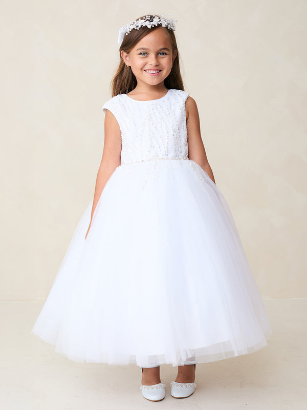 Girls Sparkle Blossom White Flower Girl Dress with Cascading Bead & Sequin Bodice, Sizes 2-18