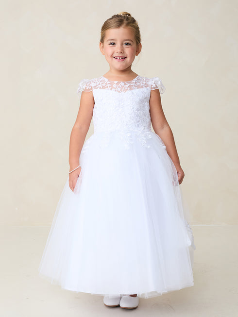 Girls Cap Sleeved Illusion Neckline Lace Bodice with a Tulle Skirt, Sizes 2-18