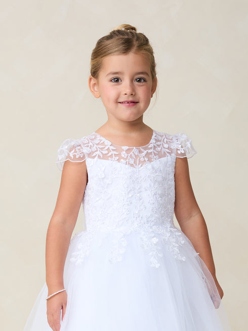 Girls Cap Sleeved Illusion Neckline Lace Bodice with a Tulle Skirt, Sizes 2-18