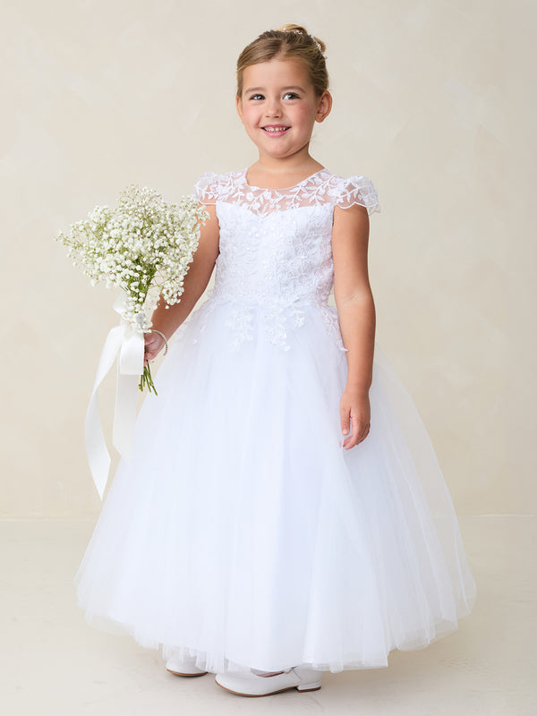 Girls Cap Sleeved Illusion Neckline Lace Bodice with a Tulle Skirt, Sizes 2-18