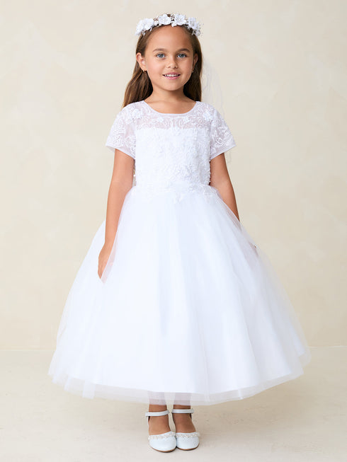 Girls White Lace Tulle Dress with 3D Flowers 2-18