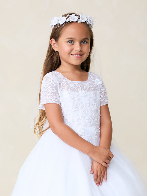 Girls White Lace Tulle Dress with 3D Flowers 2-18