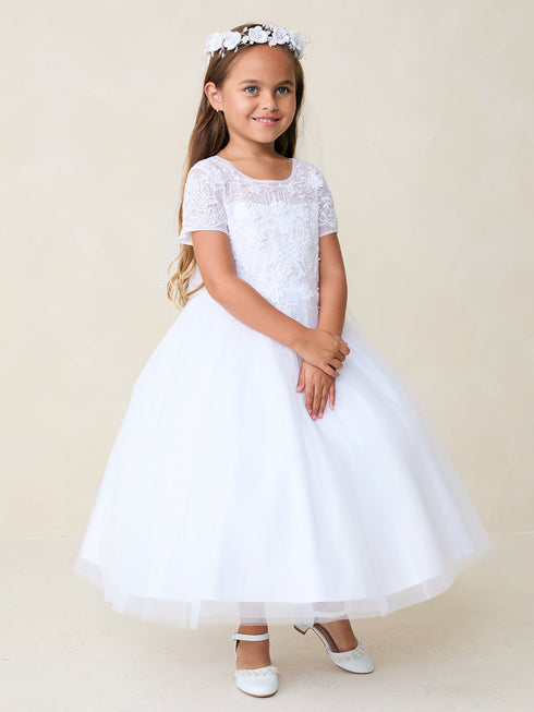 Girls White Lace Tulle Dress with 3D Flowers 2-18