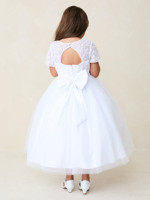 Girls White Lace Tulle Dress with 3D Flowers 2-18