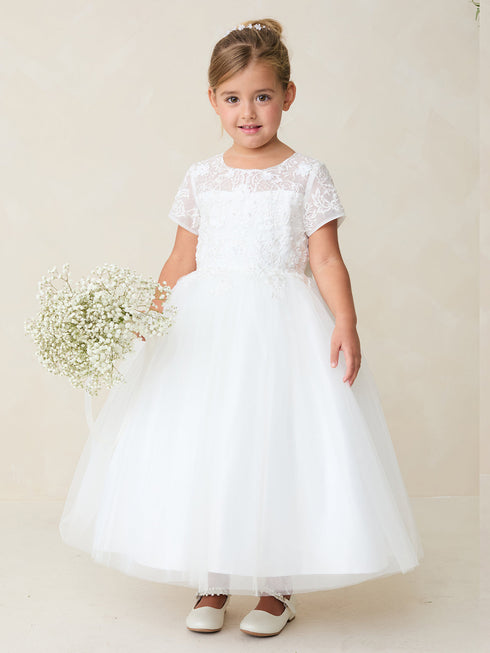Girls White Lace Tulle Dress with 3D Flowers 2-18