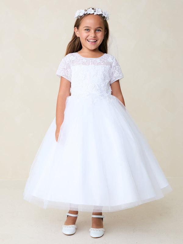 Girls White Lace Tulle Dress with 3D Flowers 2-18
