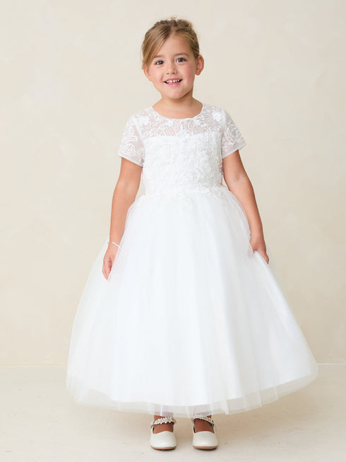 Girls White Lace Tulle Dress with 3D Flowers 2-18