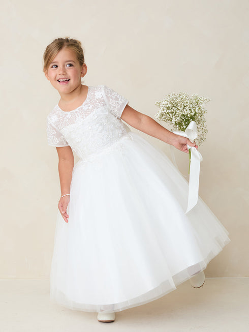 Girls White Lace Tulle Dress with 3D Flowers 2-18
