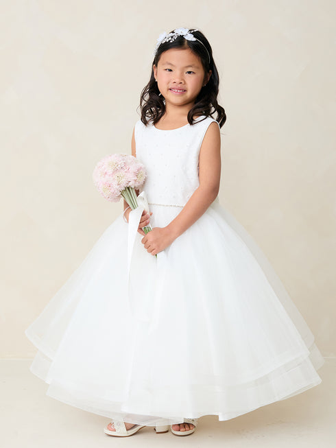 Girls Glitter & Pearl Embellished Flower Girl Dress with Horsehair Hem 2-16