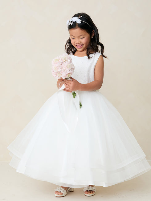 Girls Glitter & Pearl Embellished Flower Girl Dress with Horsehair Hem 2-16