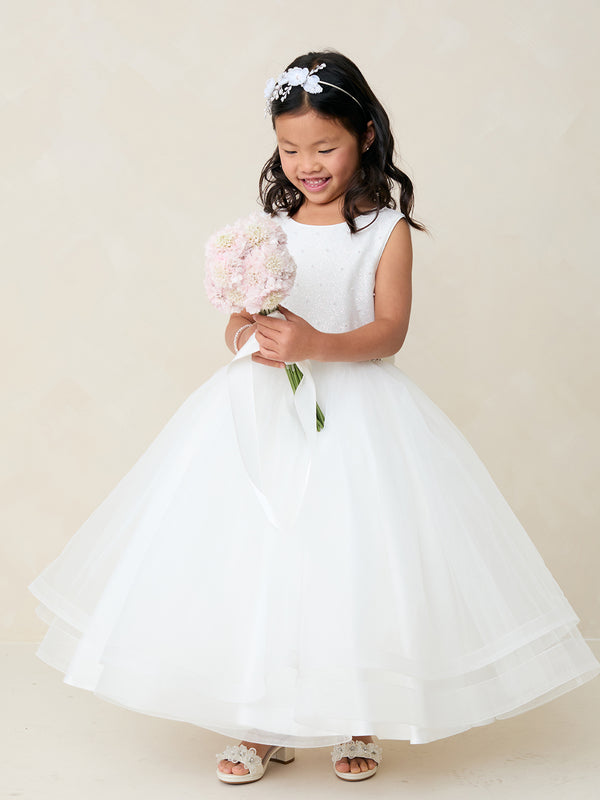 Girls Glitter & Pearl Embellished Flower Girl Dress with Horsehair Hem 2-16