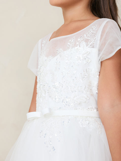 Girls Lace & Tulle Dress with Illusion Neckline and Satin Sash – Short Sleeve Special Occasion Dress 2-16
