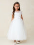 Girls Lace & Tulle Dress with Illusion Neckline and Satin Sash – Short Sleeve Special Occasion Dress 2-16