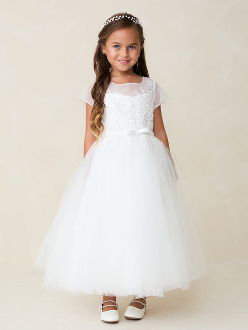 Girls Lace & Tulle Dress with Illusion Neckline and Satin Sash – Short Sleeve Special Occasion Dress 2-16