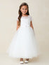 Girls Lace & Tulle Dress with Illusion Neckline and Satin Sash – Short Sleeve Special Occasion Dress 2-16