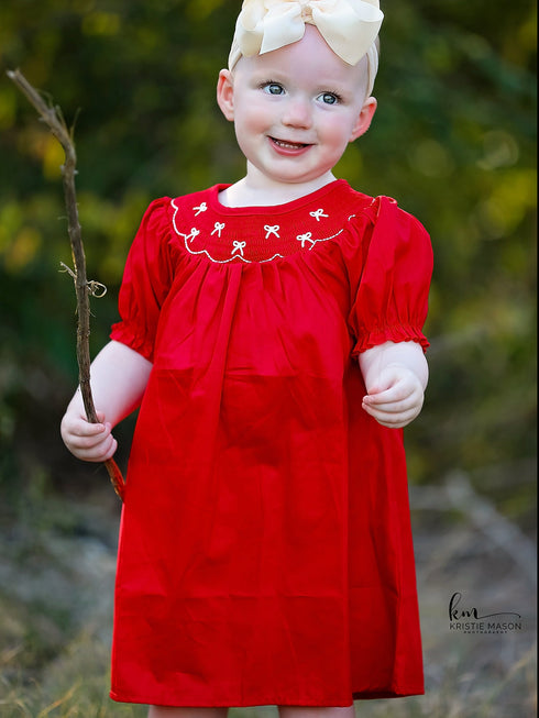girls-bow-smocking-embroidered-red-dress Rylee Faith Designs - Sophia's Style-2