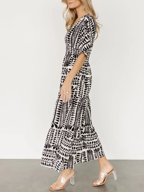 ruched-printed-v-neck-half-sleeve-midi-dress OhSoStyled - Sophia's Style in Black-7