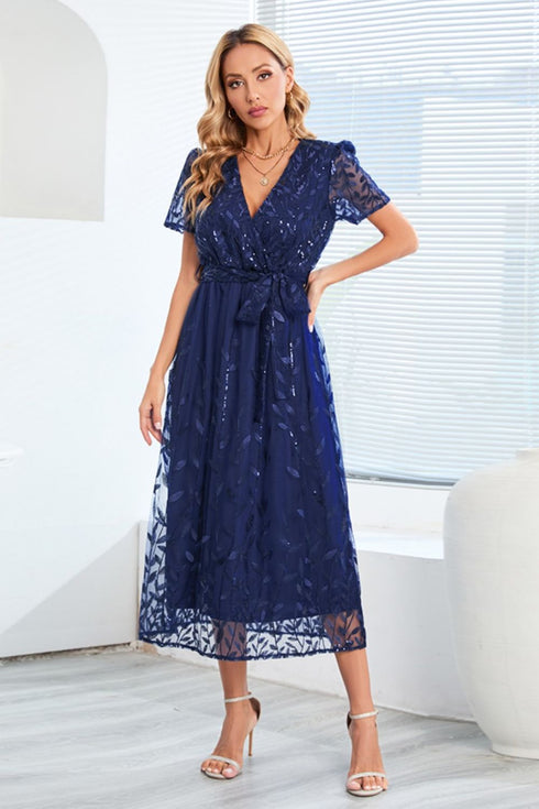 sequin-leaf-embroidery-tie-front-short-sleeve-dress Sophia's Trends - Sophia's Style-Dark Blue-M