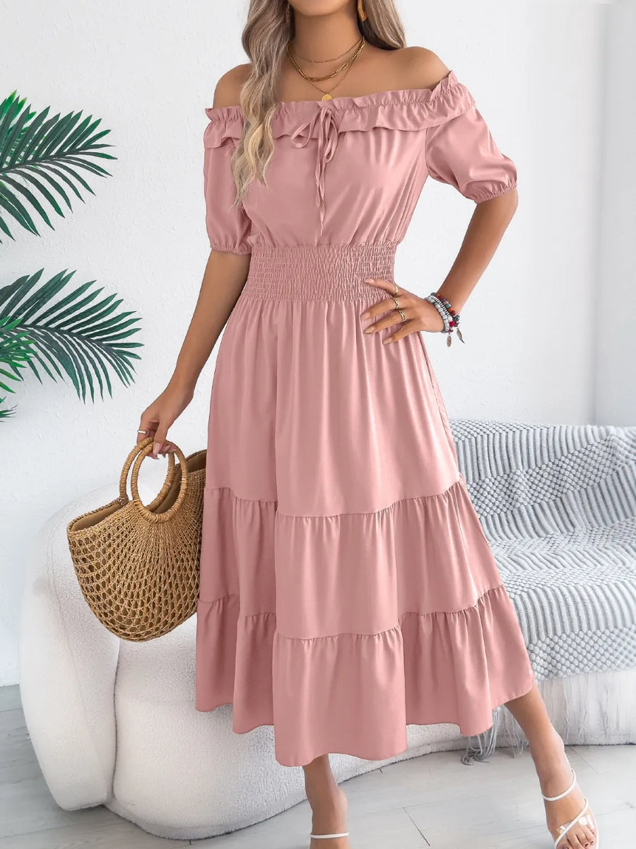smocked dress off shoulder Olivaceous My Moment White Off-the-Shoulder Mini - Size L - Dresses Add a straw hat and layered jewelry for full resort fantasy. Blue Smocked Off Shoulder Long