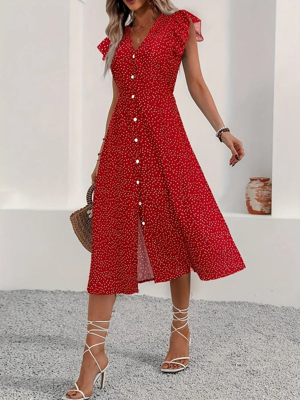 button-front-midi-dress-with-ruffle-sleeves-Sophia's Style-1