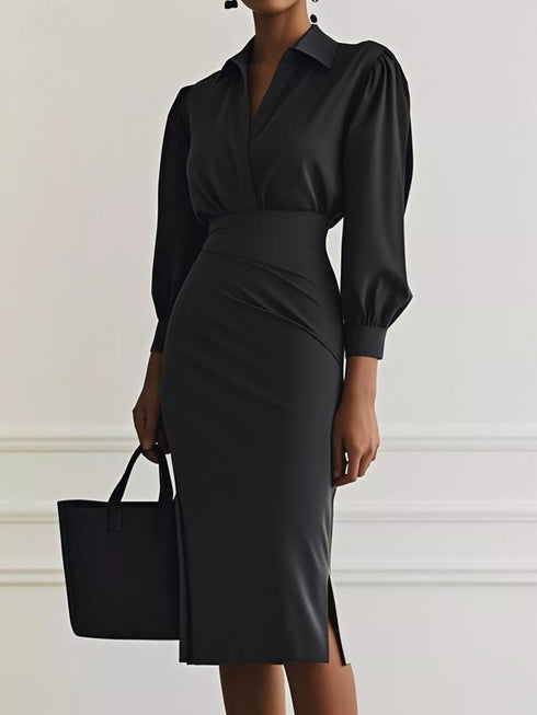 ruched-midi-shirt-dress-with-side-slit-OhSoStyled-Sophia's-Style-1