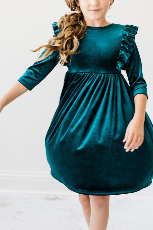 teal-velvet-ruffle-twirl-dress Mila & Rose - Sophia's StyleVelvet Ruffle Twirl Dress-1
