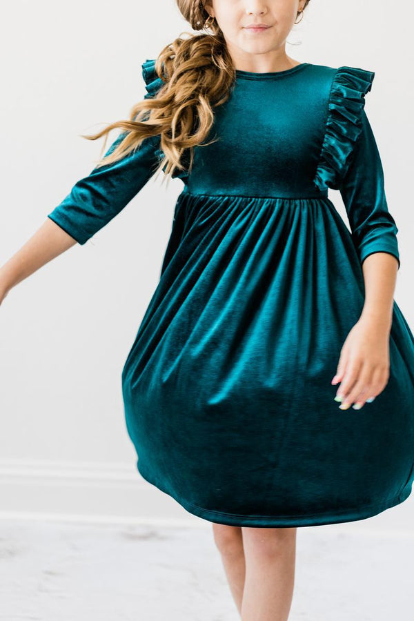 teal-velvet-ruffle-twirl-dress Mila & Rose - Sophia's StyleVelvet Ruffle Twirl Dress-1