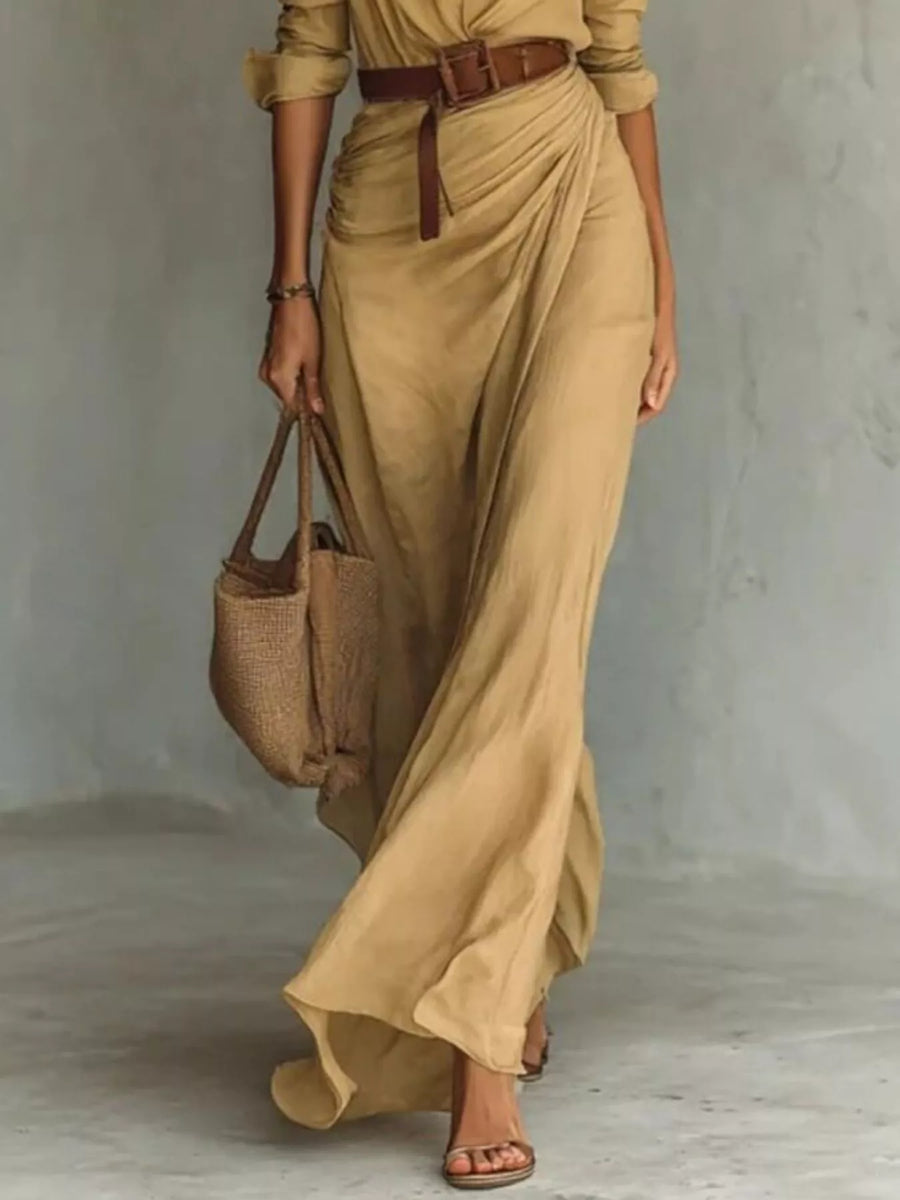 slim fit dress slacks Full Size Ruched Long Sleeve Maxi Dress Plus Size from OhSoStyled at  Sophia's Style – SophiasStyle.com
