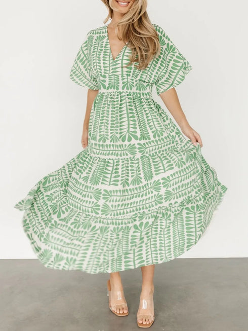 ruched-printed-v-neck-half-sleeve-midi-dress OhSoStyled - Sophia's Style in Light Green-2