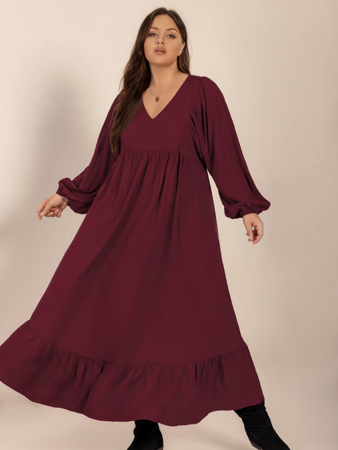plus-size-ruffled-hem-v-neck-balloon-sleeve-dress OhSoStyled - Sophia's Style-2