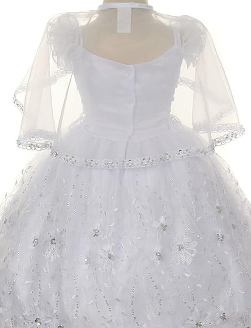Little Girl White Organza Rhinestone Baptism Cape Dress 2T-6 - SophiasStyle.com