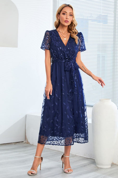 sequin-leaf-embroidery-tie-front-short-sleeve-dress Sophia's Trends - Sophia's Style-Dark Blue-L