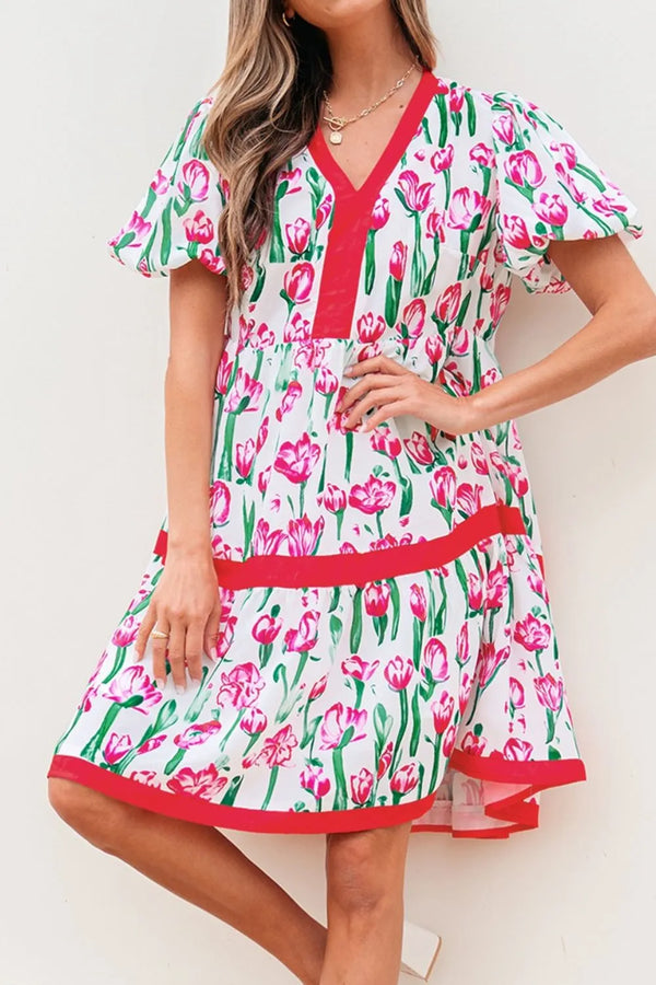 floral-print-contrast-trim-v-neck-bubble-short-sleeve-babydoll-dress OhSoStyled at Sophia's Style-1