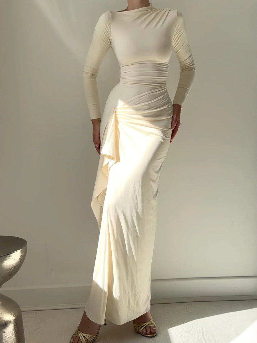 ruched long sleeve maxi dress from OhSoStyled at Sophia's Style Black / M Color:Blushing Bride Cozy Pixies Baby Girl Radiate timeless elegance in High Waisted Pants