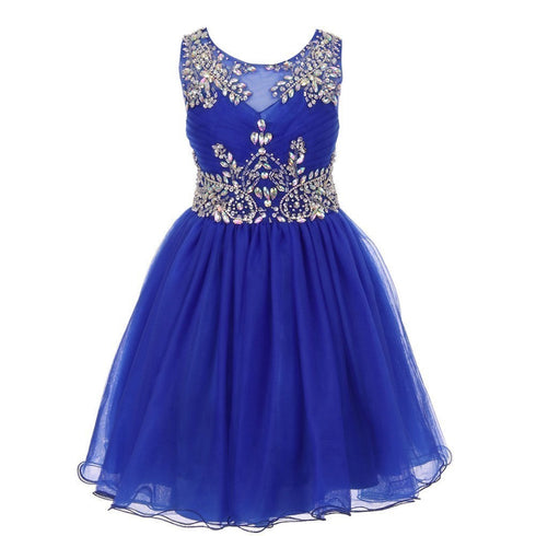 Big Girls Royal Blue Tulle AB Stone Wired Flower Girl Dress 8-16 - SophiasStyle.com