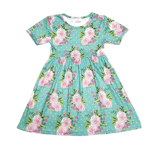 teal-flower-short-sleeve-milk-silk-dress Great Lakes kids - Sophia's Style-2
