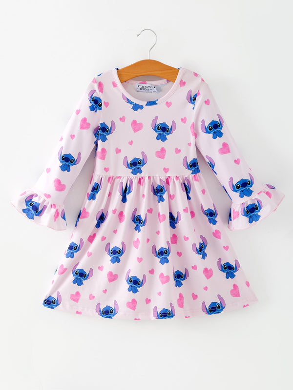 valentines-day-character-print-ruffle-long-sleeve-girls-dress-rylee-faith-designs-Sophia's StyleDress-1