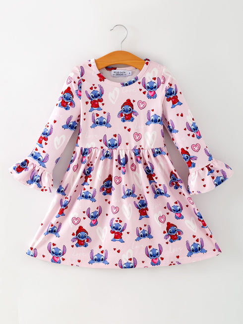 girls-valentines-day-character-print-ruffle-sleeve-dress-rylee-faith-designs-Sophia's StyleDress-1