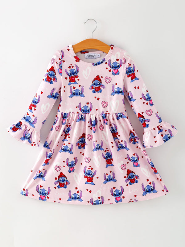 girls-valentines-day-character-print-ruffle-sleeve-dress-rylee-faith-designs-Sophia's StyleDress-1
