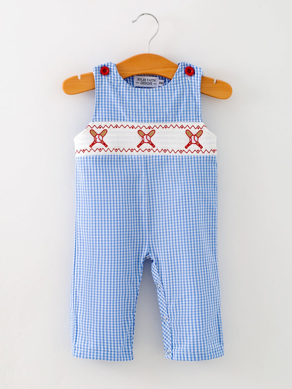 baby-boy-baseball-smocked-romper-blue-plaid-summer-outfit-Sophia's StyleRomper-1