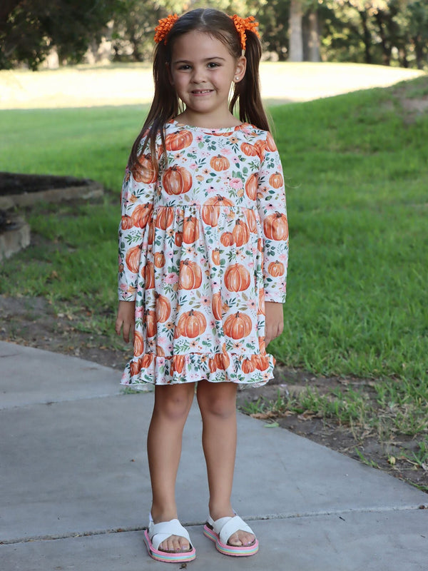 girls-halloween-pumpkin-print-long-sleeve-dress Rylee-Faith-Designs-Sophia's StyleDress-1