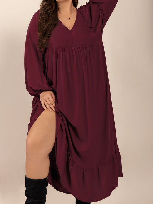 plus-size-ruffled-hem-v-neck-balloon-sleeve-dress OhSoStyled - Sophia's Style-5