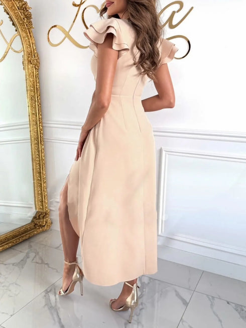 surplice-ruffled-cap-sleeve-dress-Sophia's Style-2