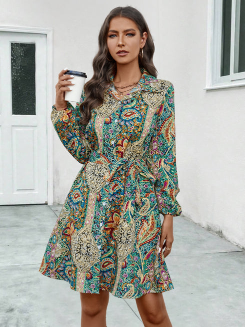 printed-collared-neck-long-sleeve-dress OhSoStyled - Sophia's Style in Teal-4